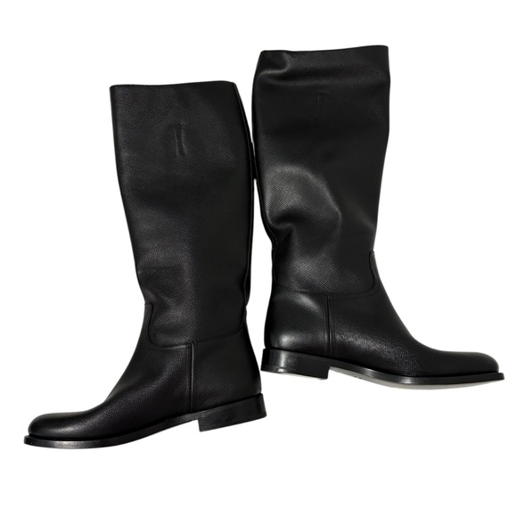 Prada Black Leather Pull On Riding Boots Size 38.5 Designer Preppy Equestrian - Picture 3 of 10